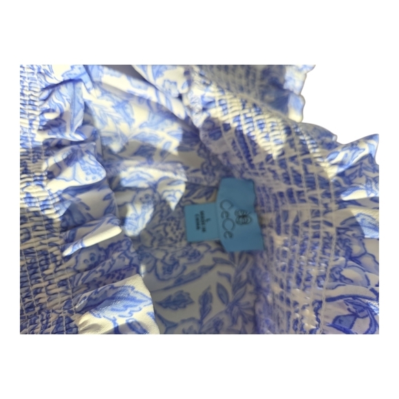 CeCe Floral Print Blouse in Blue and White - Picture 6 of 10